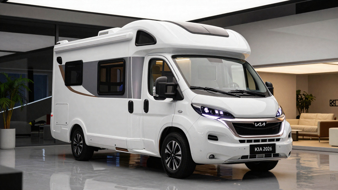Motorhome branco Kia 2026 moderno estacionado em ambiente interno com piso refletivo.