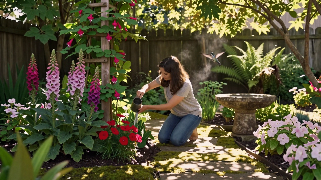 Mulher regando flores em jardim ensolarado, com beija-flor voando próximo e vegetação ao redor.