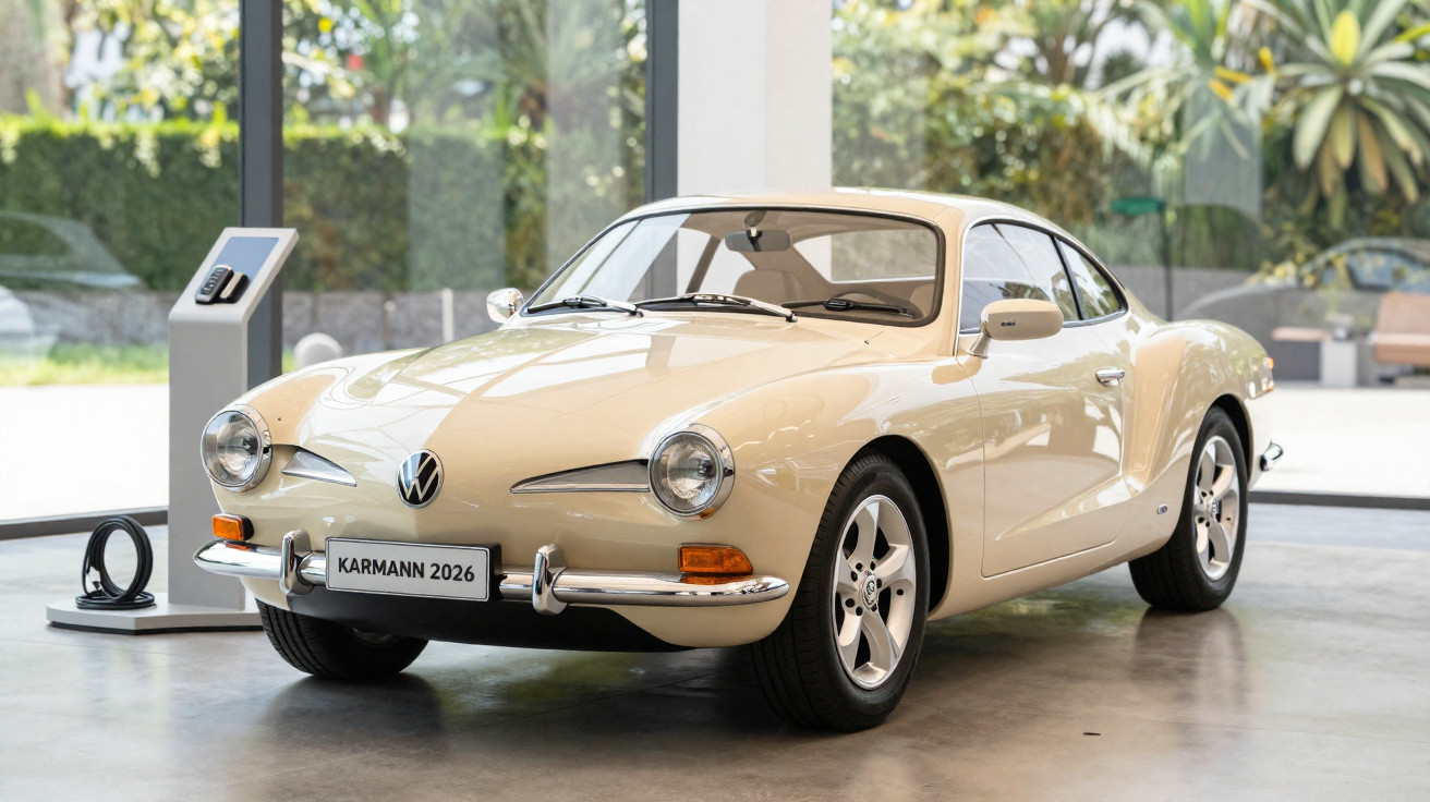 Carro clássico Volkswagen Karmann 2026 bege exibido em showroom com piso de concreto e vitrine de vidro.