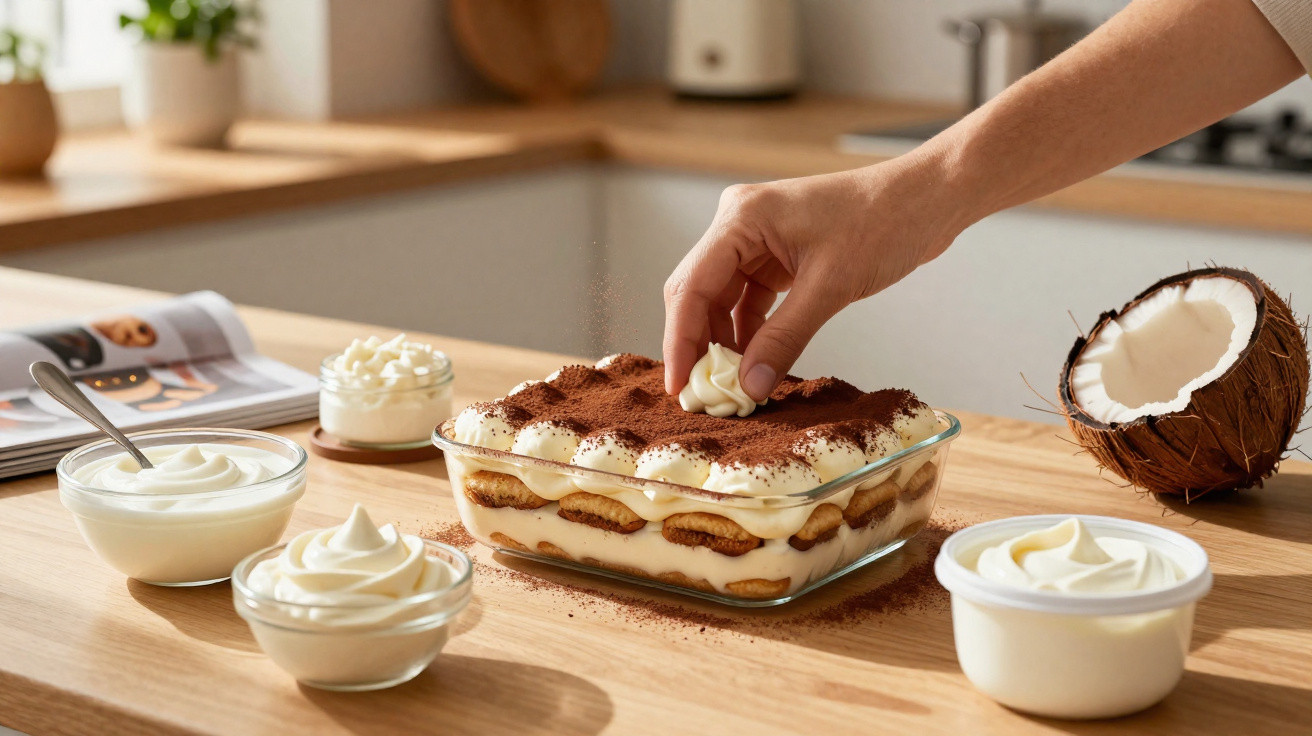 Mão decorando sobremesa cremosa com cacau em pó e creme, rodeada por potes de creme e coco partido ao meio.