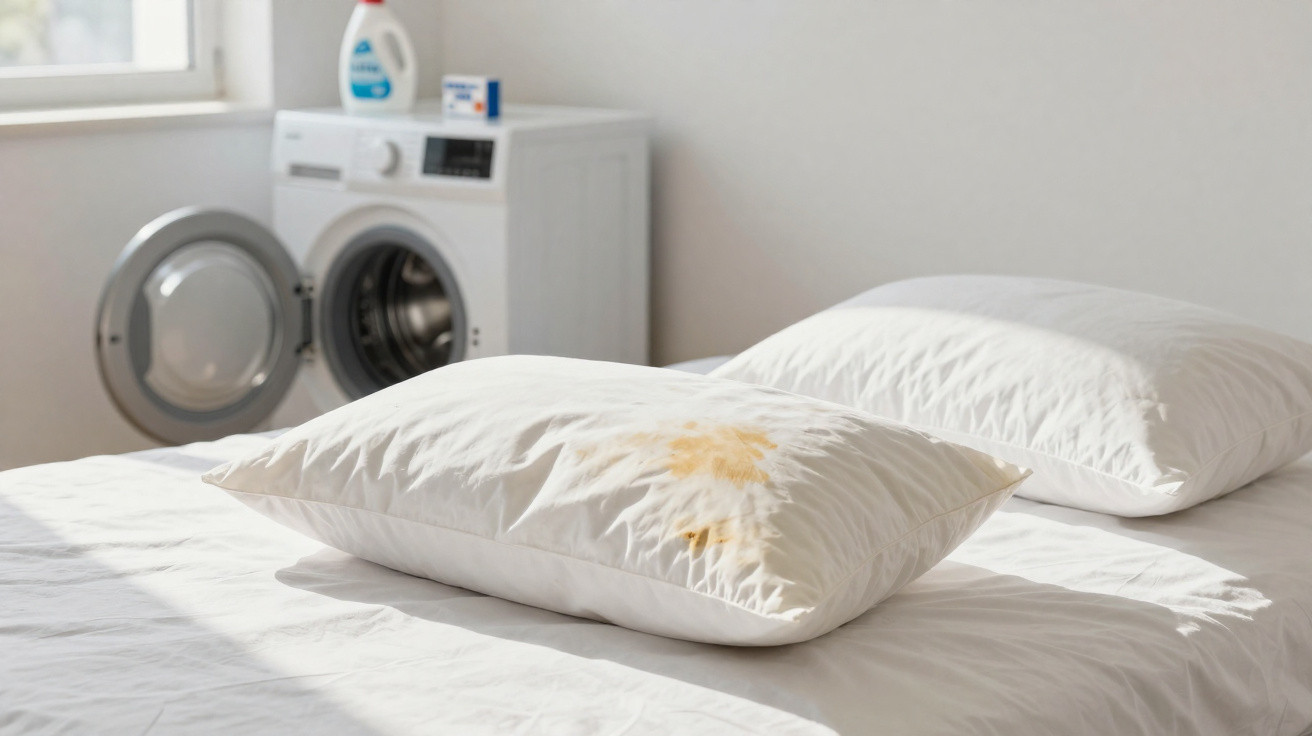 Três travesseiros brancos, um deles com manchas amarelas, em cama branca próxima a máquina de lavar roupas.