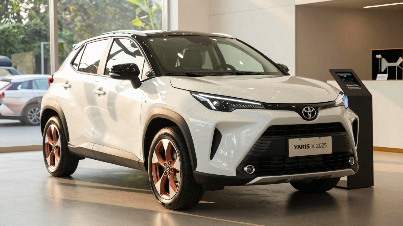 Carro Toyota Yaris X 2025 branco exposto em showroom moderno com iluminação natural.