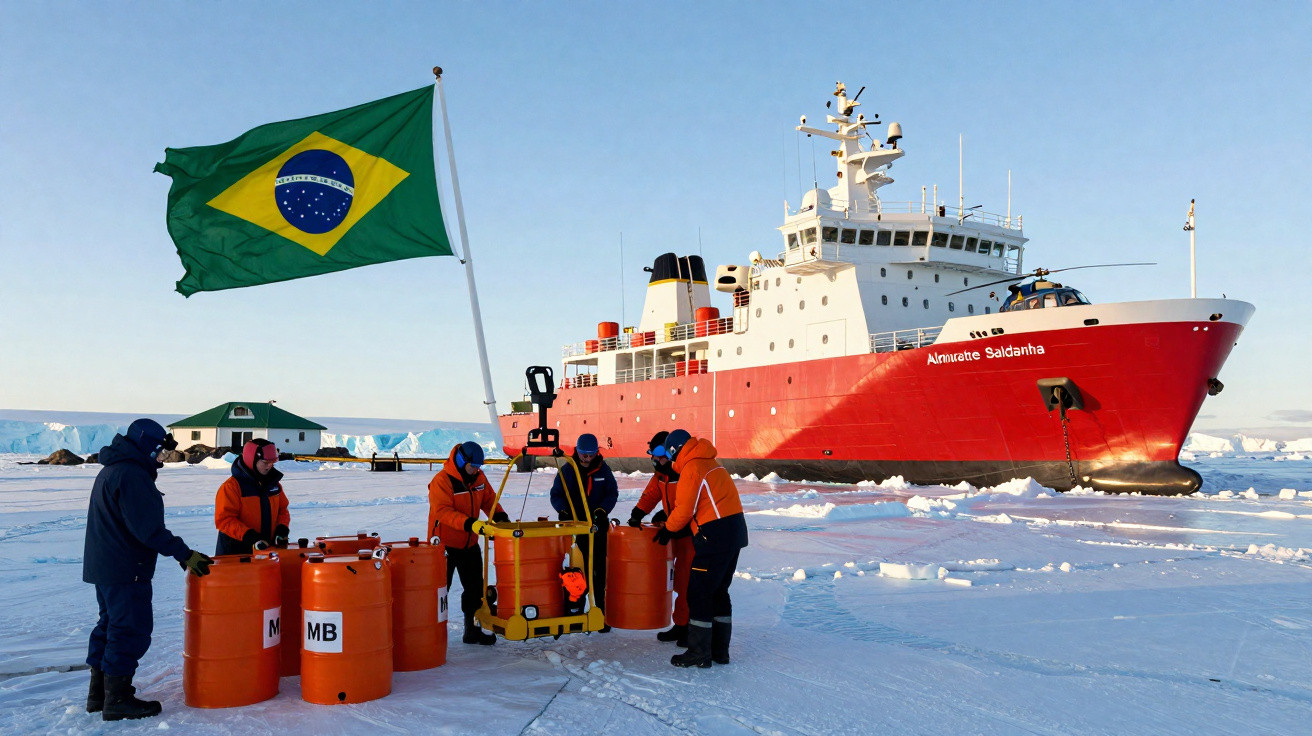 Pesquisadores brasileiros em traje ártico trabalham em equipamento ao lado do navio Almirante Saldanha na Antártida.