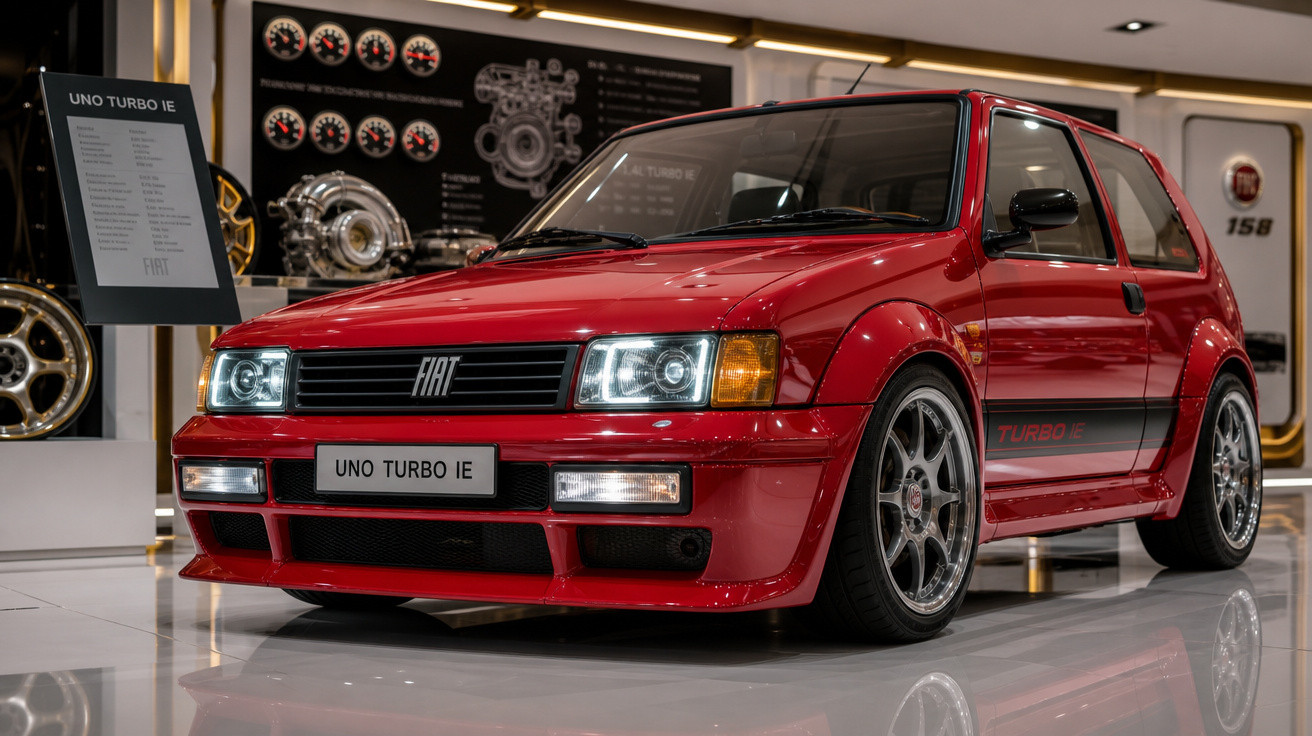 Carro Fiat Uno Turbo IE vermelho exposto em showroom com iluminação moderna e rodas esportivas.