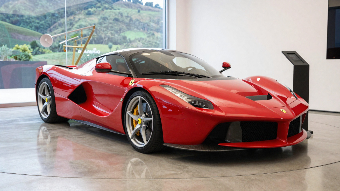 Carro esportivo vermelho Ferrari exposto em salão com piso de concreto e vista para área verde ao fundo.