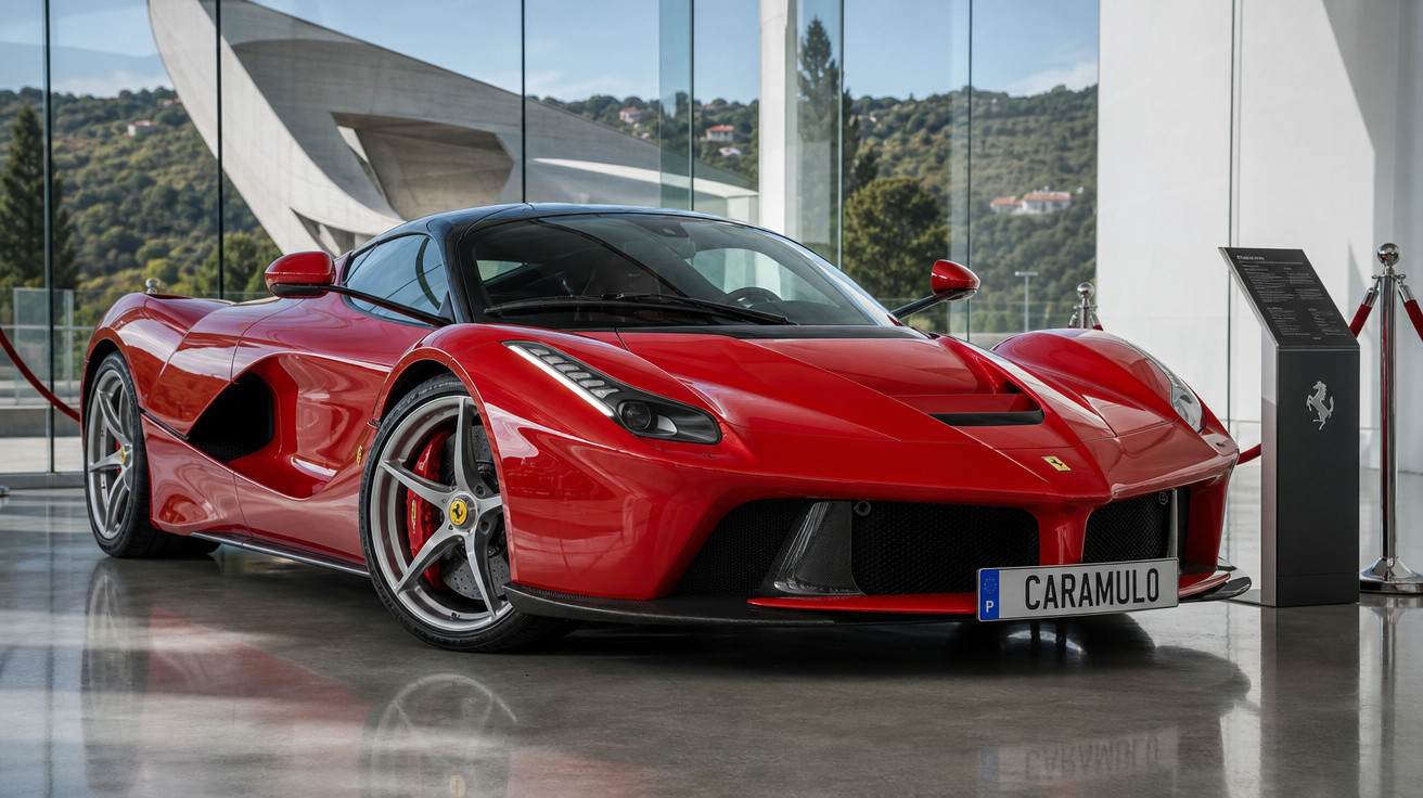 Carro esportivo vermelho Ferrari exposto em salão moderno com vidros e vista para colinas verdes.