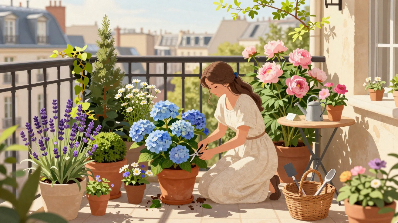 Mulher cuidando de flores coloridas em vasos no terraço ensolarado de apartamento na cidade.