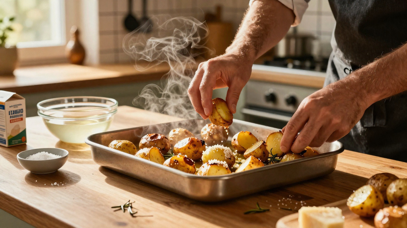 Mãos temperando batatas assadas com sal grosso em tabuleiro na cozinha iluminada.