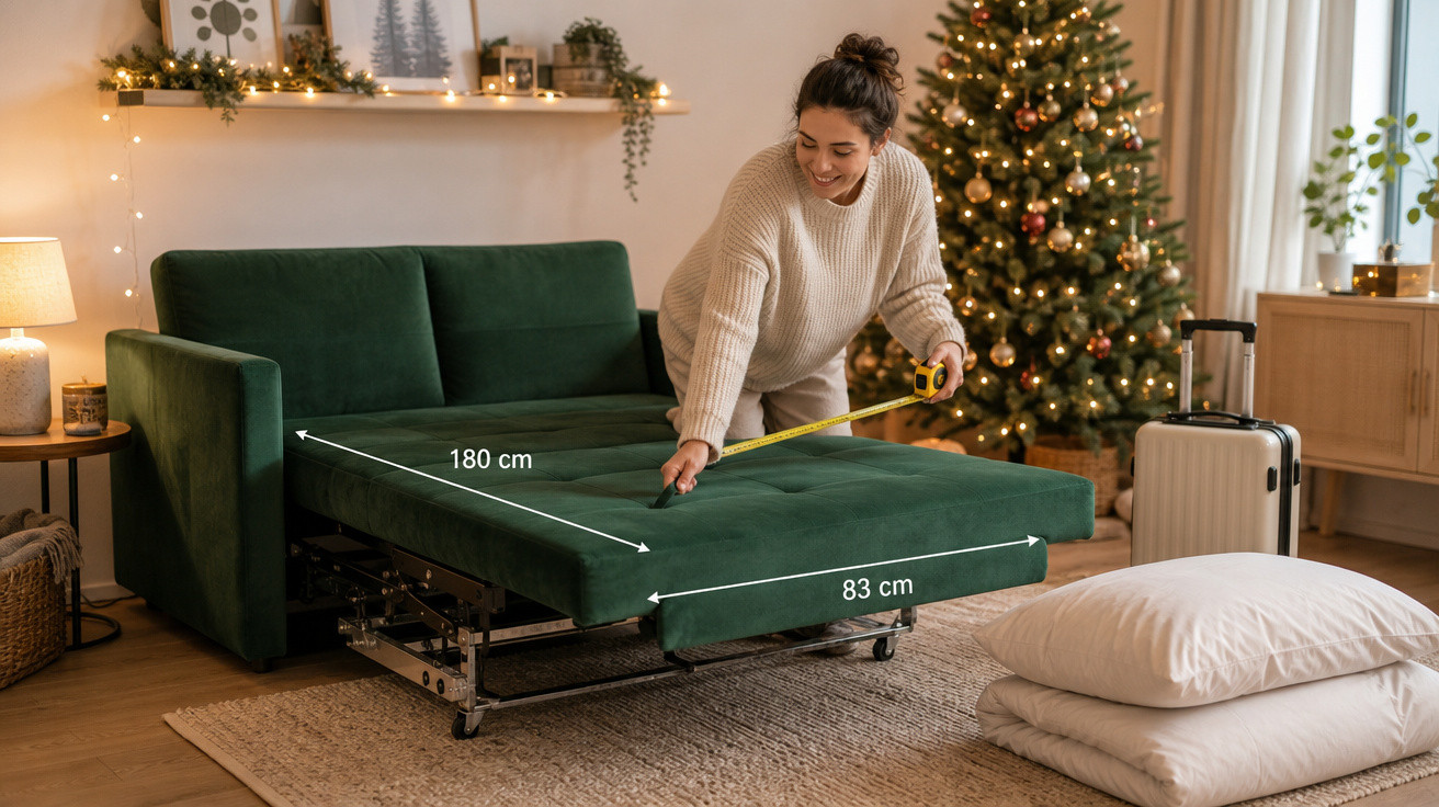 Mulher mede sofá-cama verde aberto em sala decorada com árvore de Natal e malas.