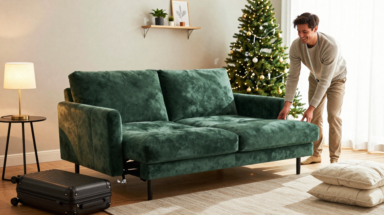 Homem ajusta sofá verde em sala decorada com árvore de Natal, abajur, almofadas e malas.