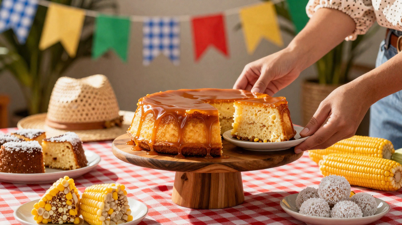 Mesa com bolo de milho com calda de caramelo, pamonha, brigadeiros, bolo com cobertura branca e chapéu de palha.