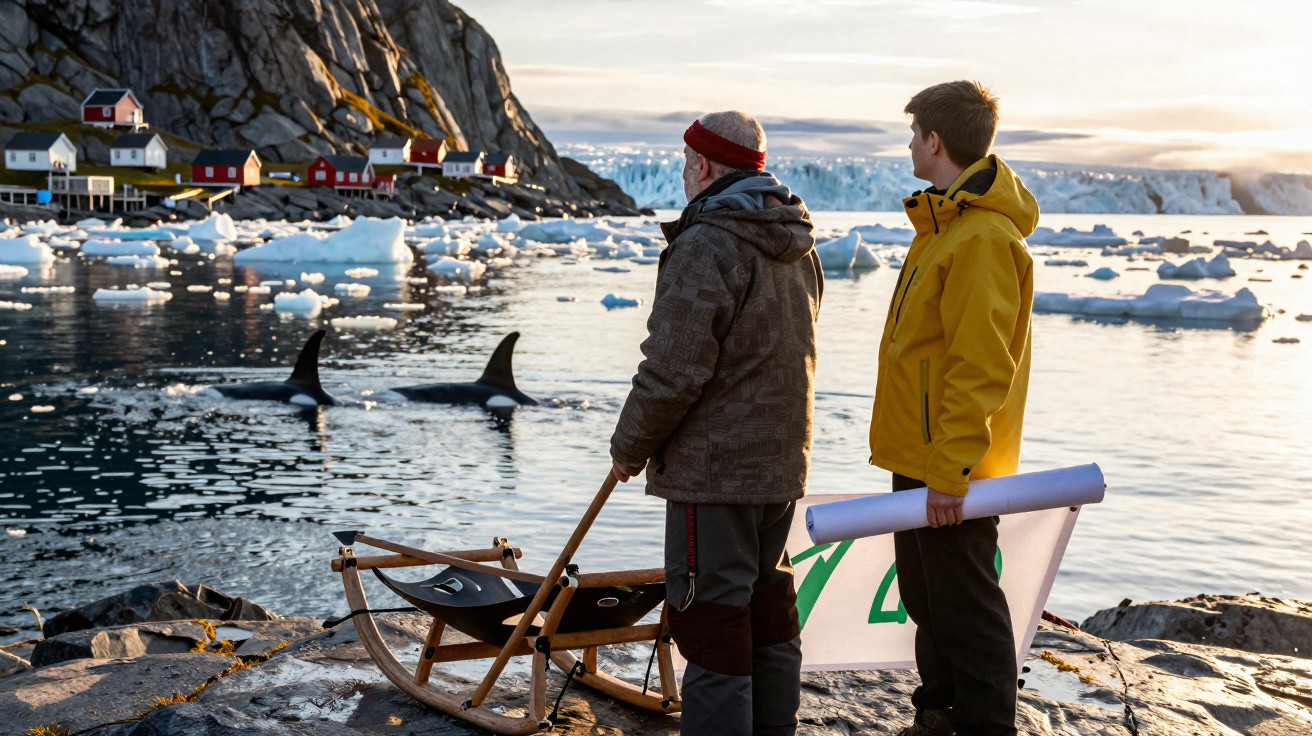 Dois homens observam orcas no mar próximo a casas coloridas, gelo flutuante e montanhas rochosas.