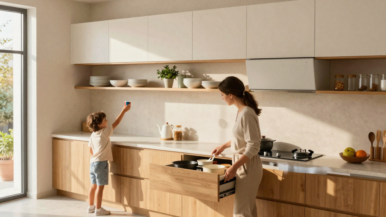 Criança e mulher preparando alimentos em cozinha clara com armários de madeira e iluminação natural.