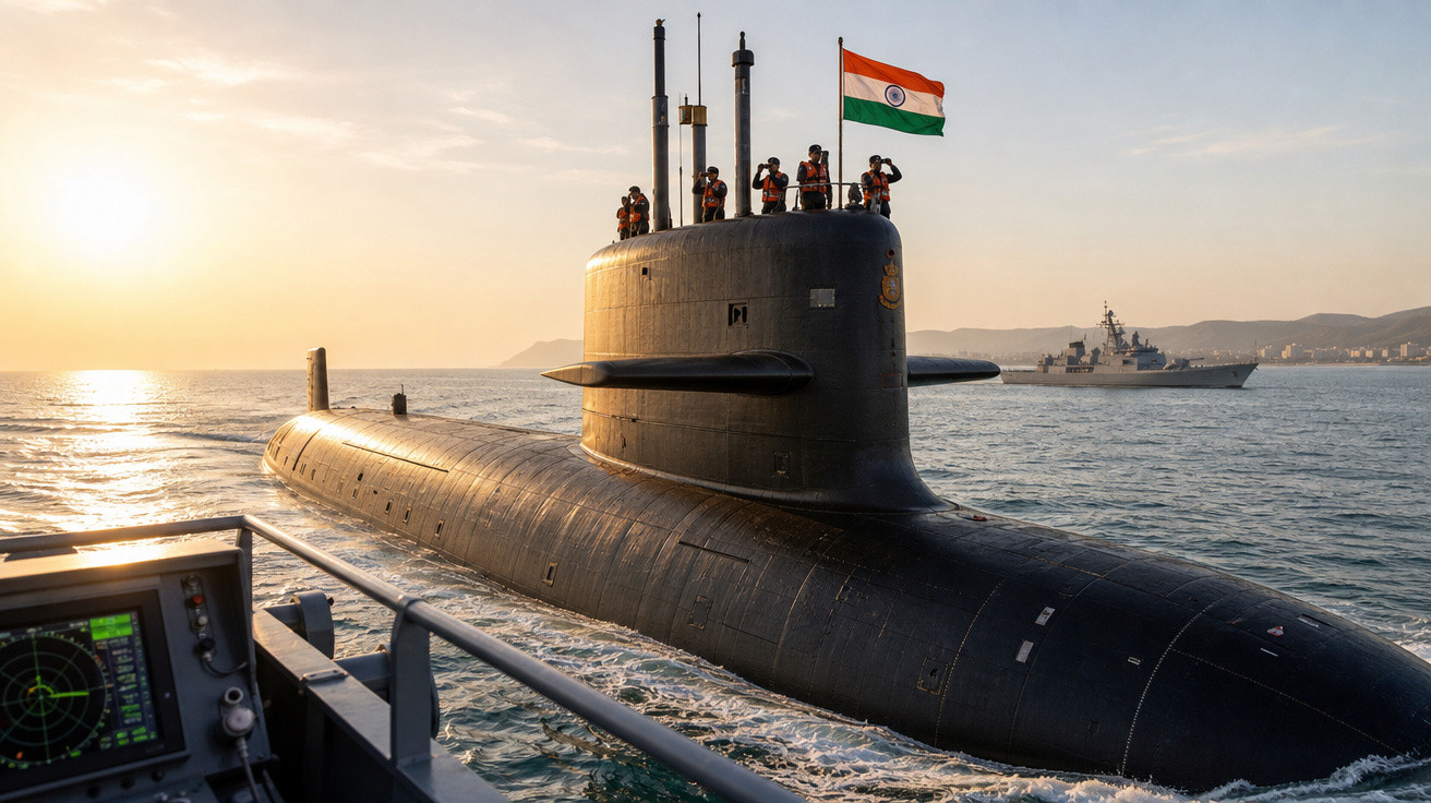Submarino indiano com tripulantes no convés e bandeira da Índia em mar ao pôr do sol.