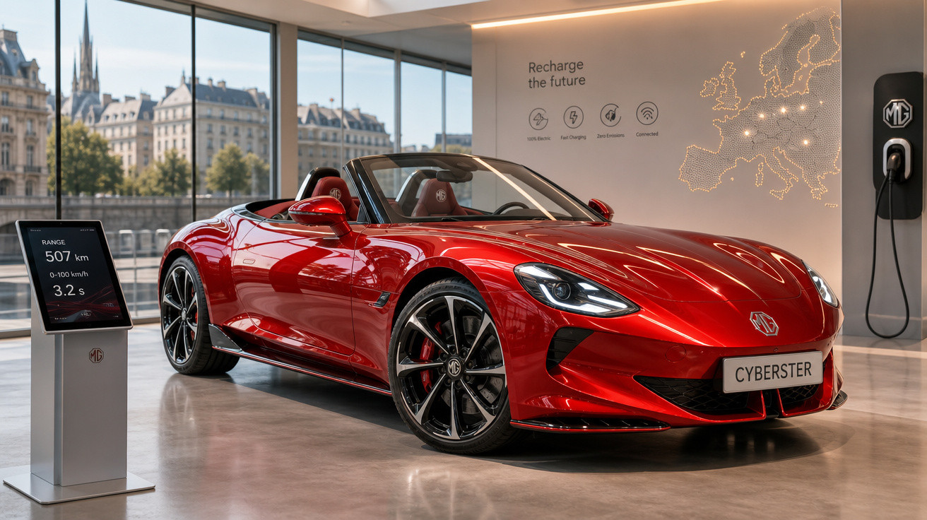 Carro conversível vermelho MG Cyberster exposto em showroom moderno com vista urbana ao fundo.