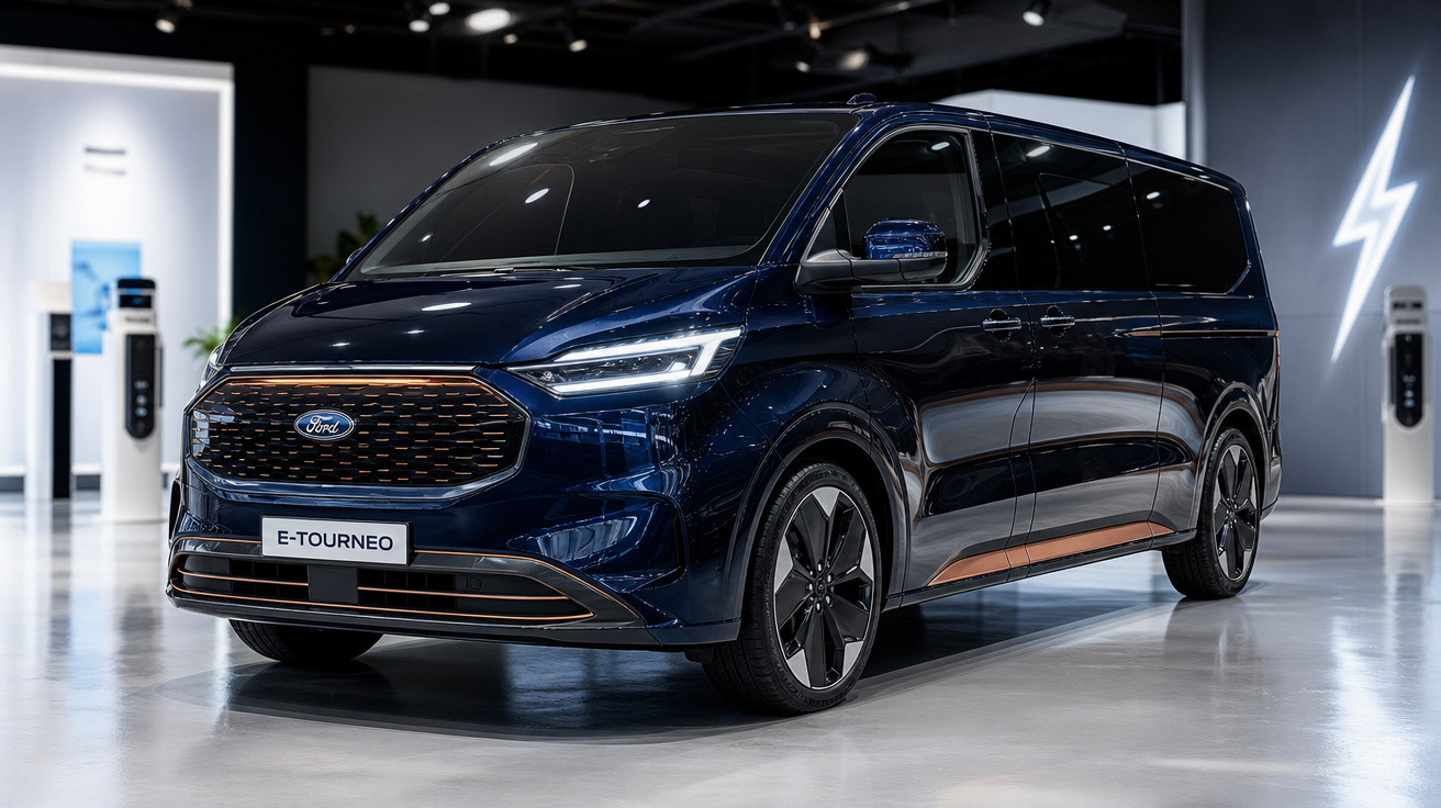 Van elétrica azul Ford E-Tourneo exibida em showroom moderno e iluminado