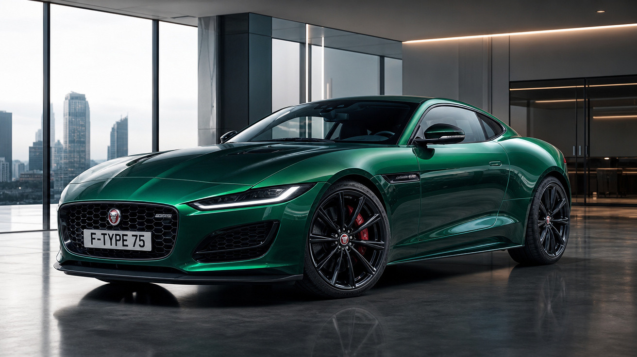 Carro esportivo Jaguar F-Type verde escuro estacionado em ambiente interno moderno com vista para cidade.