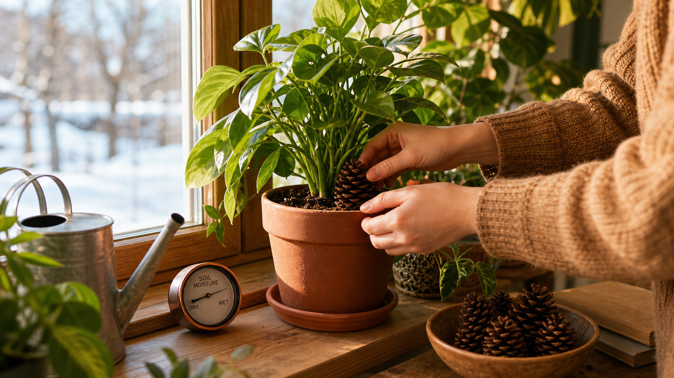Mãos seguram uma pinha decorativa em vaso com planta perto da janela com regador e medidor de umidade.