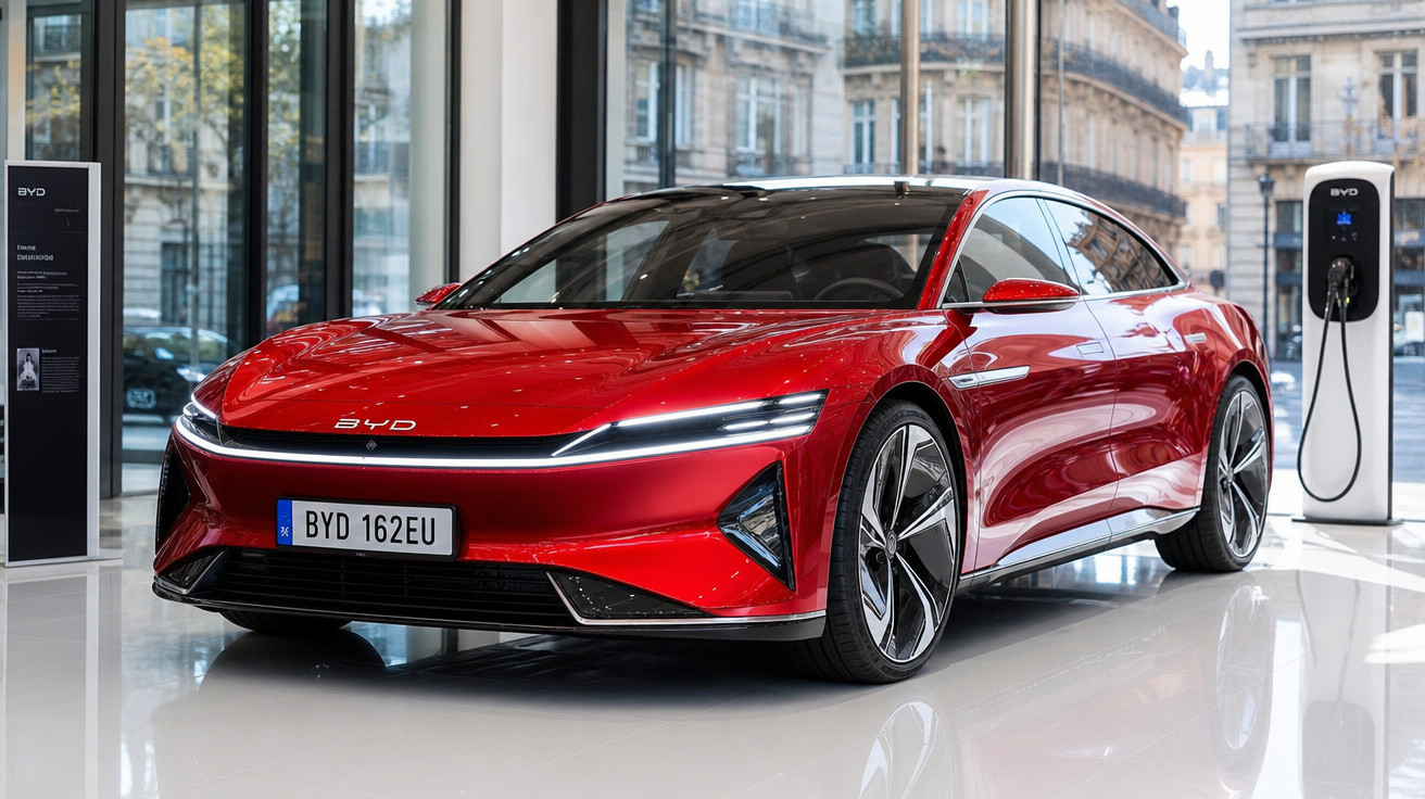 Carro elétrico BYD vermelho exibido em showroom moderno com estação de recarga ao fundo.