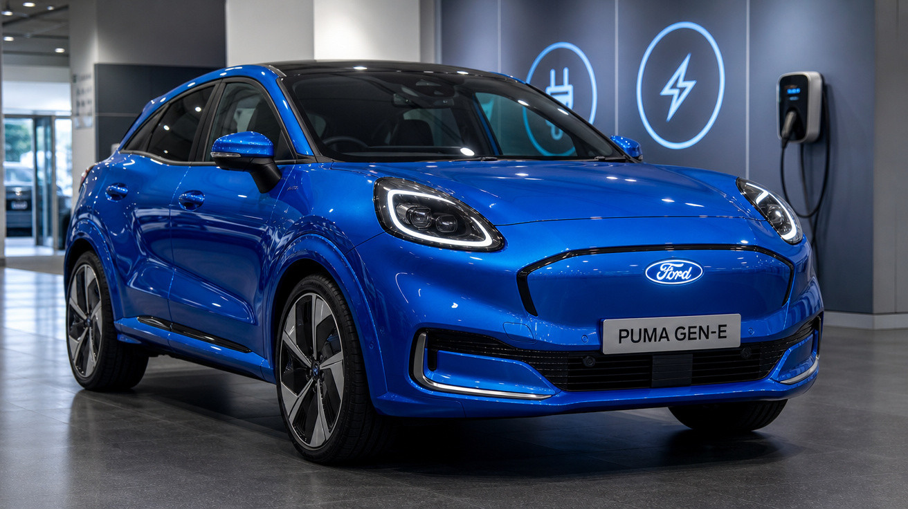 Carro elétrico azul Ford Puma Gen-E estacionado em showroom com símbolos de recarga ao fundo.