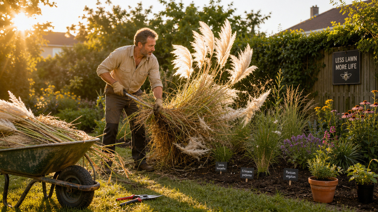 Homem colhendo capim-dos-pampas em jardim com placa "Menos gramado, mais vida" ao fundo, ao pôr do sol.