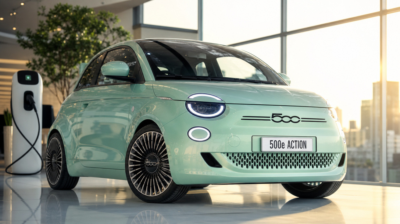 Carro elétrico Fiat 500e Action verde claro estacionado em showroom moderno com carregador ao fundo.