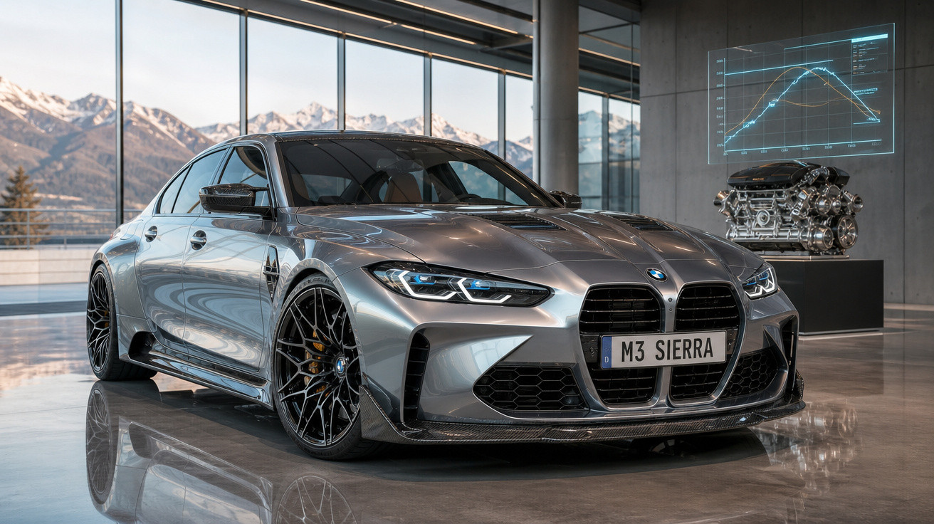 Carro BMW M3 cinza estacionado em showroom com motor exposto e paisagem de montanhas ao fundo.
