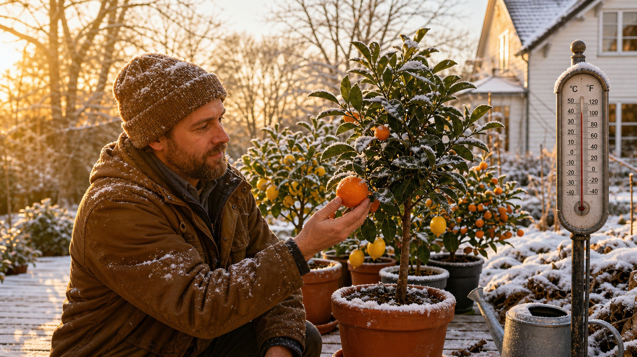 Homem com gorro e casaco observa laranja em vaso ao ar livre com neve e termômetro ao fundo.