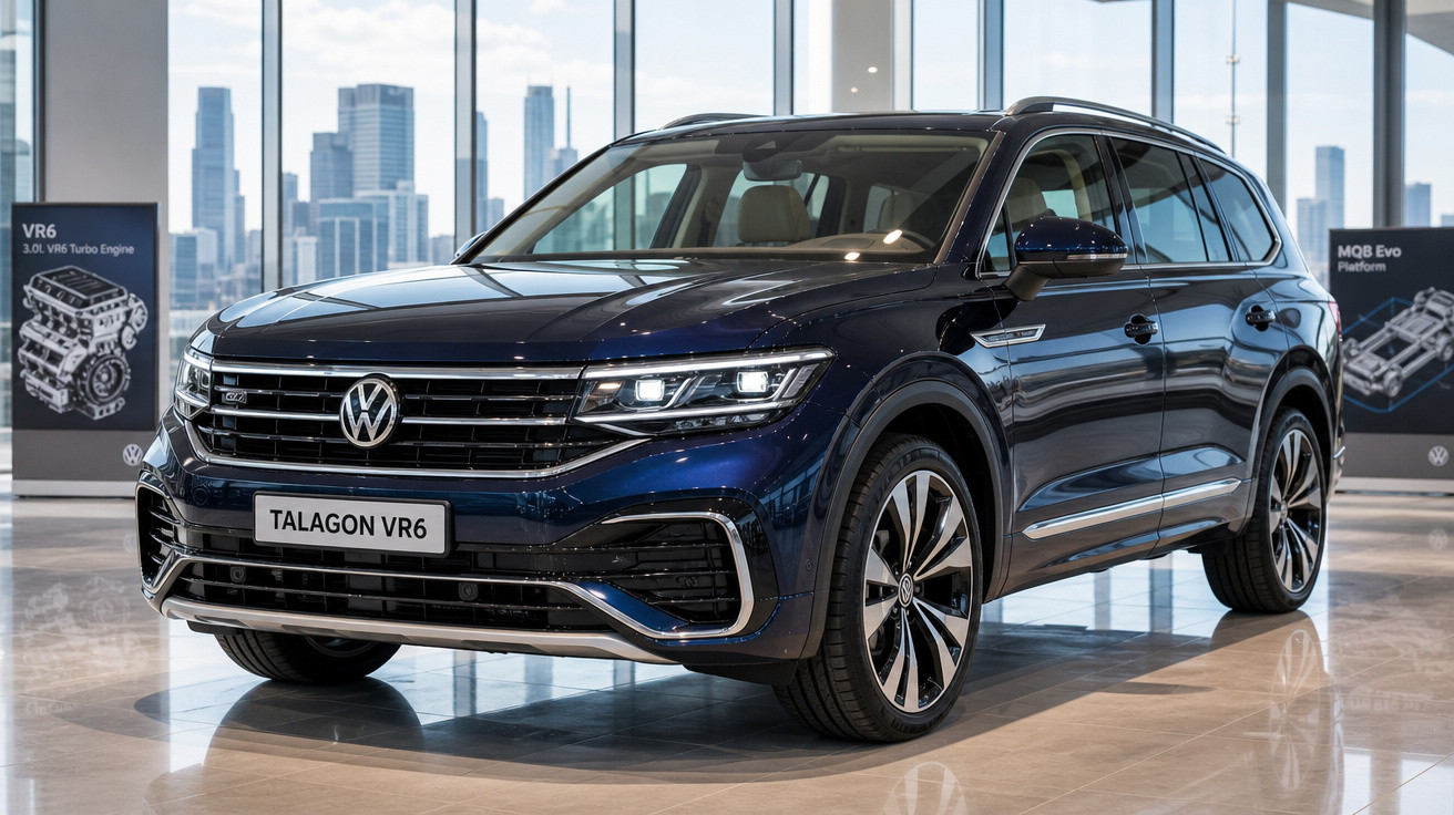 SUV Volkswagen Talagon VR6 azul escuro em showroom com cidade ao fundo.