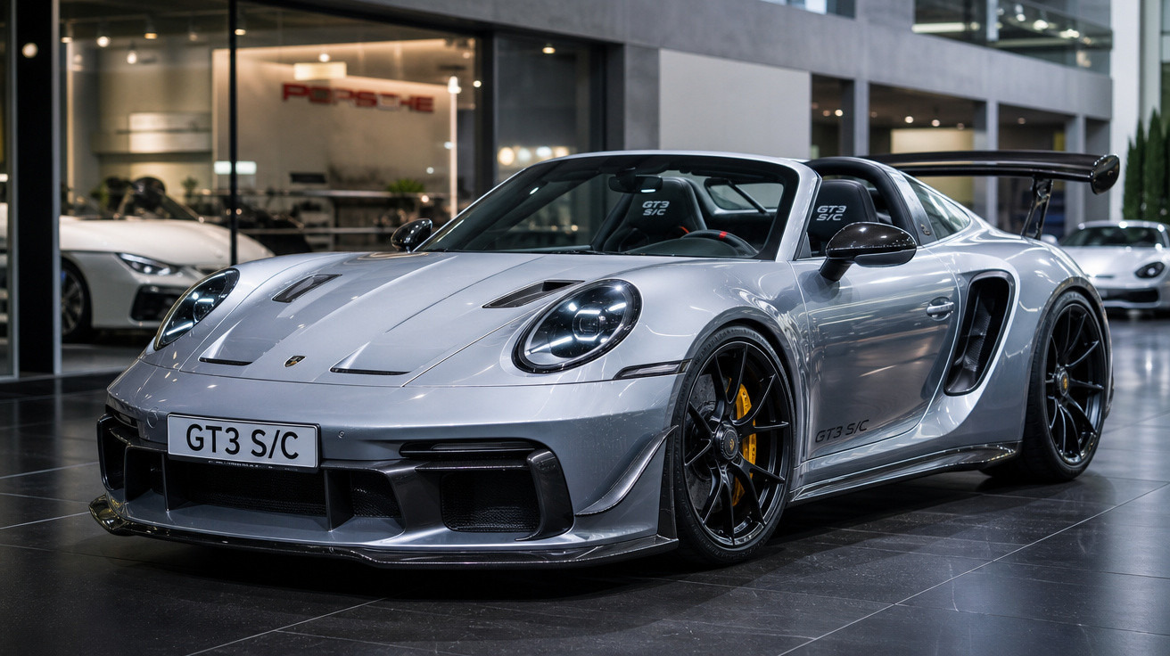 Carro esportivo Porsche GT3 S/C prata em showroom moderno com acabamento preto e detalhes aerodinâmicos.