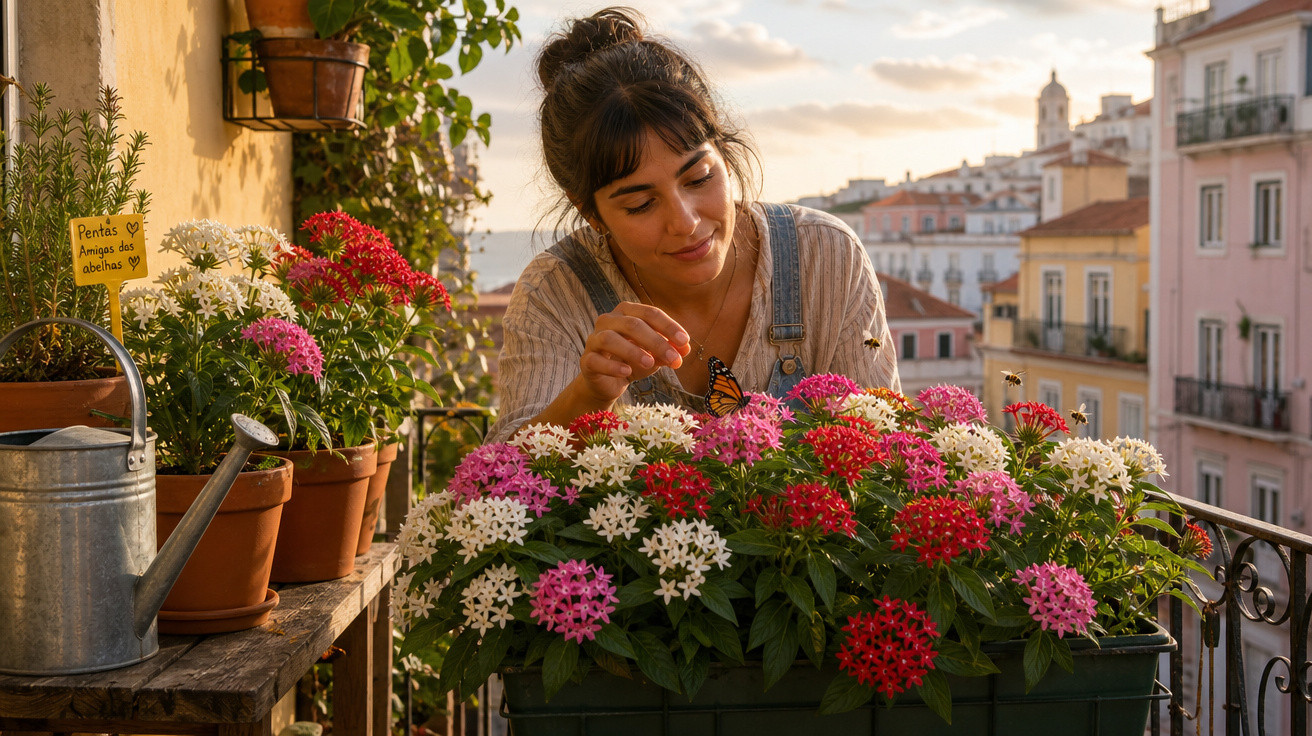 Mulher cuidando de flores coloridas em varanda com prédios ao fundo durante o pôr do sol.