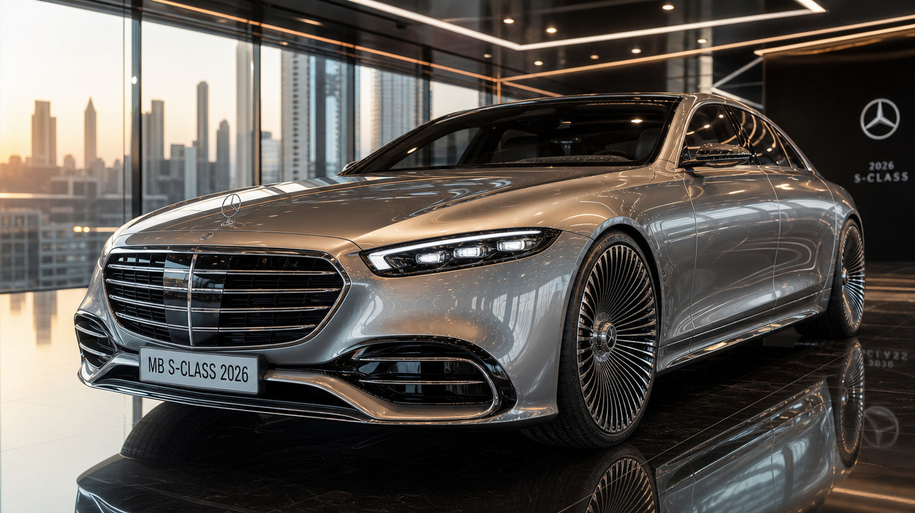 Carro prata Mercedes-Benz S-Class 2026 exibido em showroom moderno com grandes janelas e vista urbana ao entardecer.
