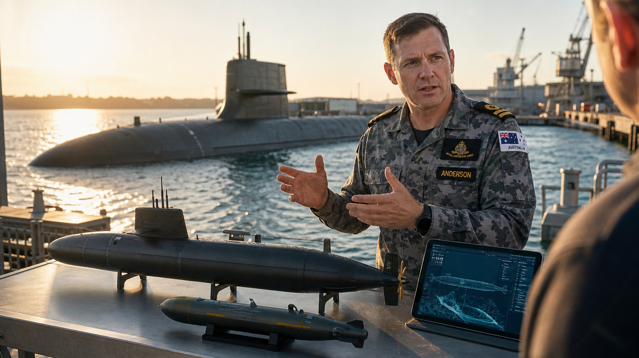Militar australiana explica modelos de submarinos em mesa próxima ao mar, com submarino real ao fundo no cais.