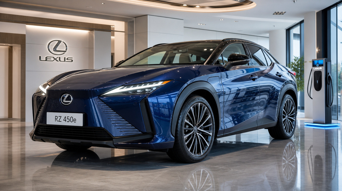 Carro elétrico Lexus RZ 450e azul em exposição dentro de showroom moderno com carregador ao lado.