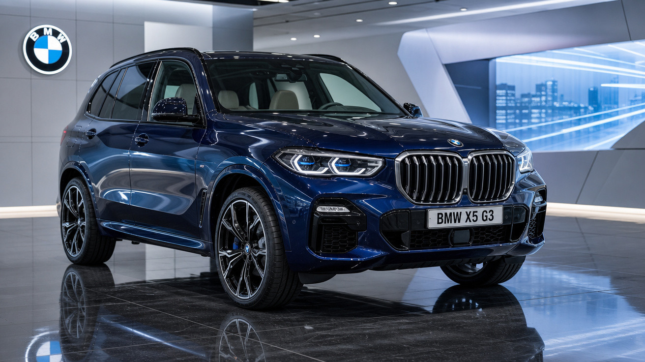 SUV BMW X5 G3 azul em ambiente interno moderno com piso brilhante e luzes refletidas.