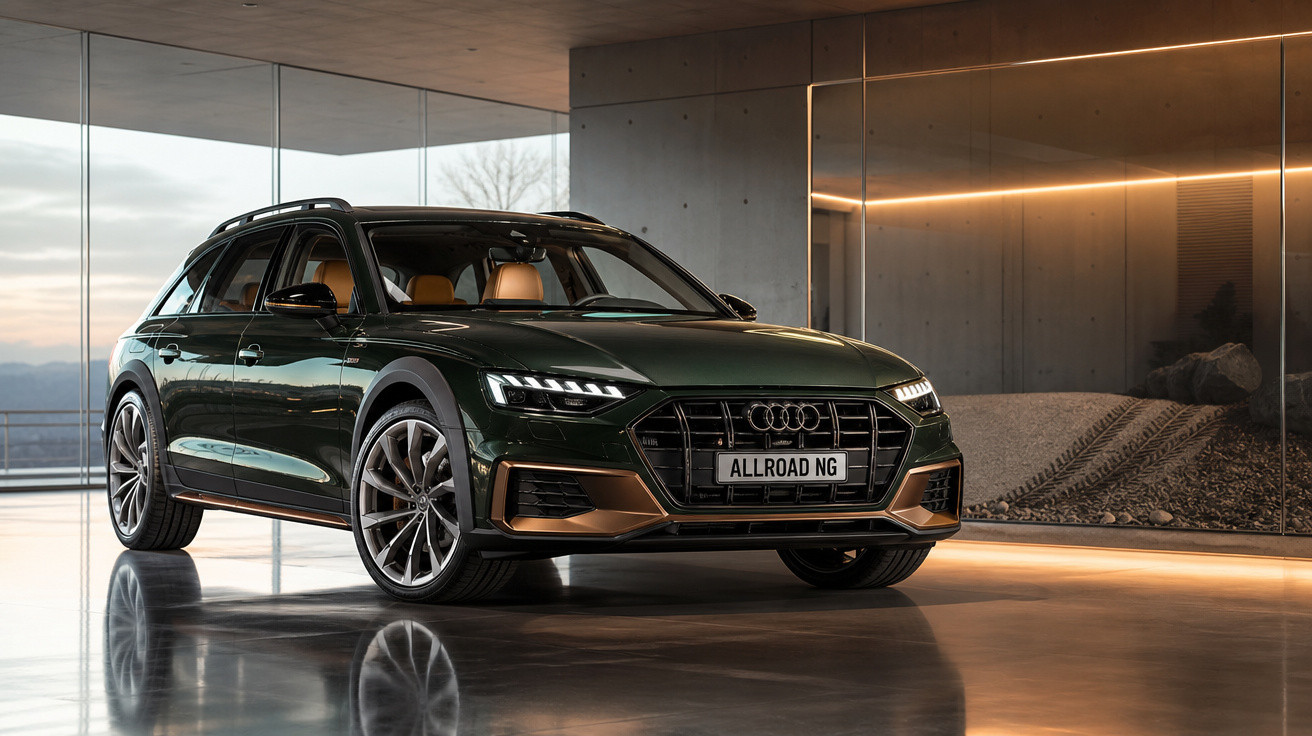 Carro Audi Allroad NG verde escuro em ambiente moderno com piso refletivo e iluminação artificial.