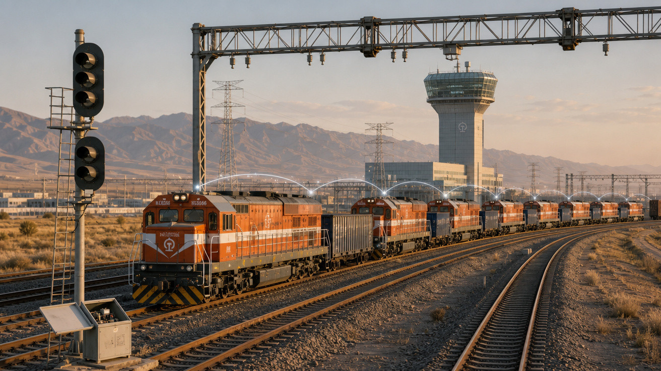 Trem com várias locomotivas laranja em via férrea próxima a torre de controle e montanhas ao fundo.