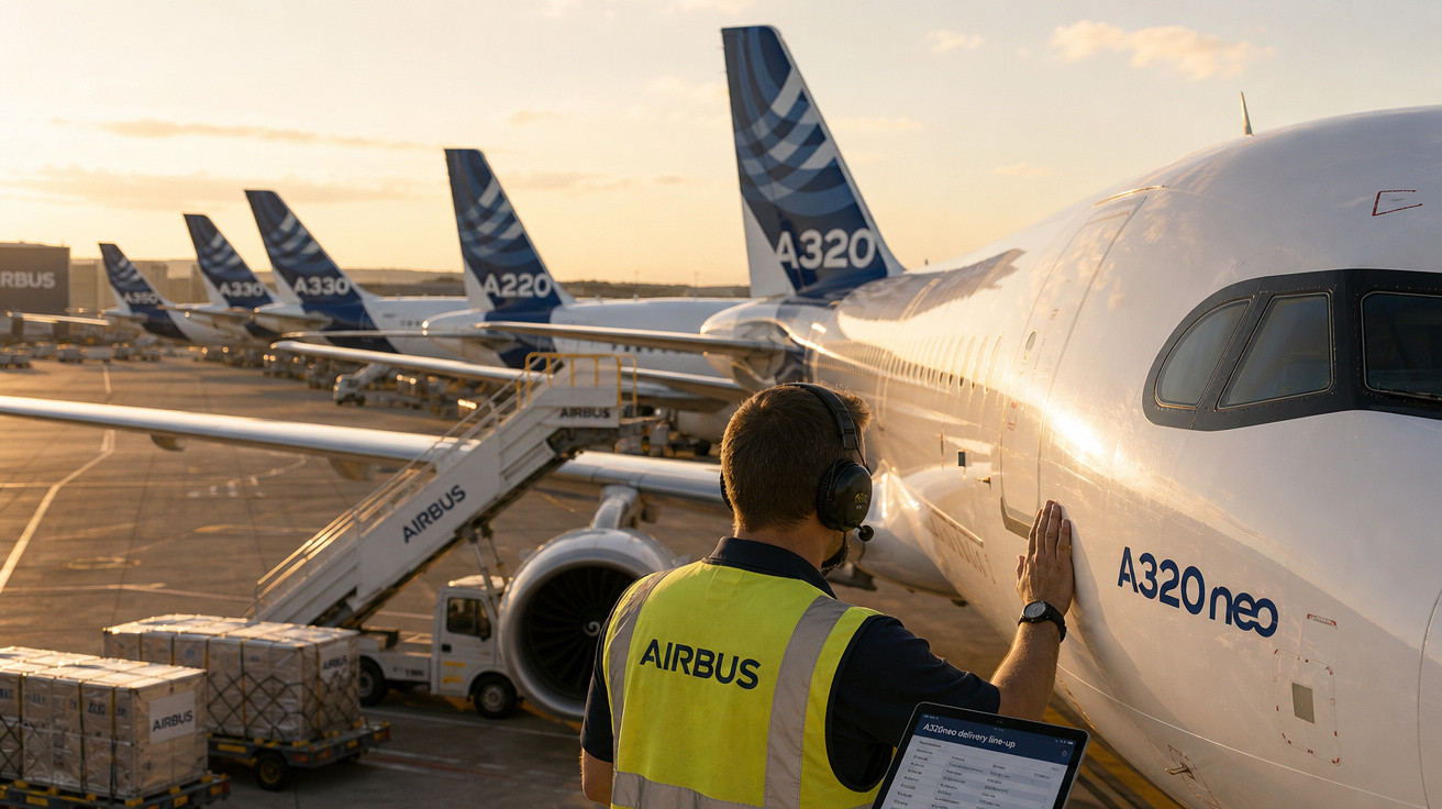 Funcionário da Airbus com colete amarelo realiza inspeção em avião A320neo em pista ao pôr do sol.
