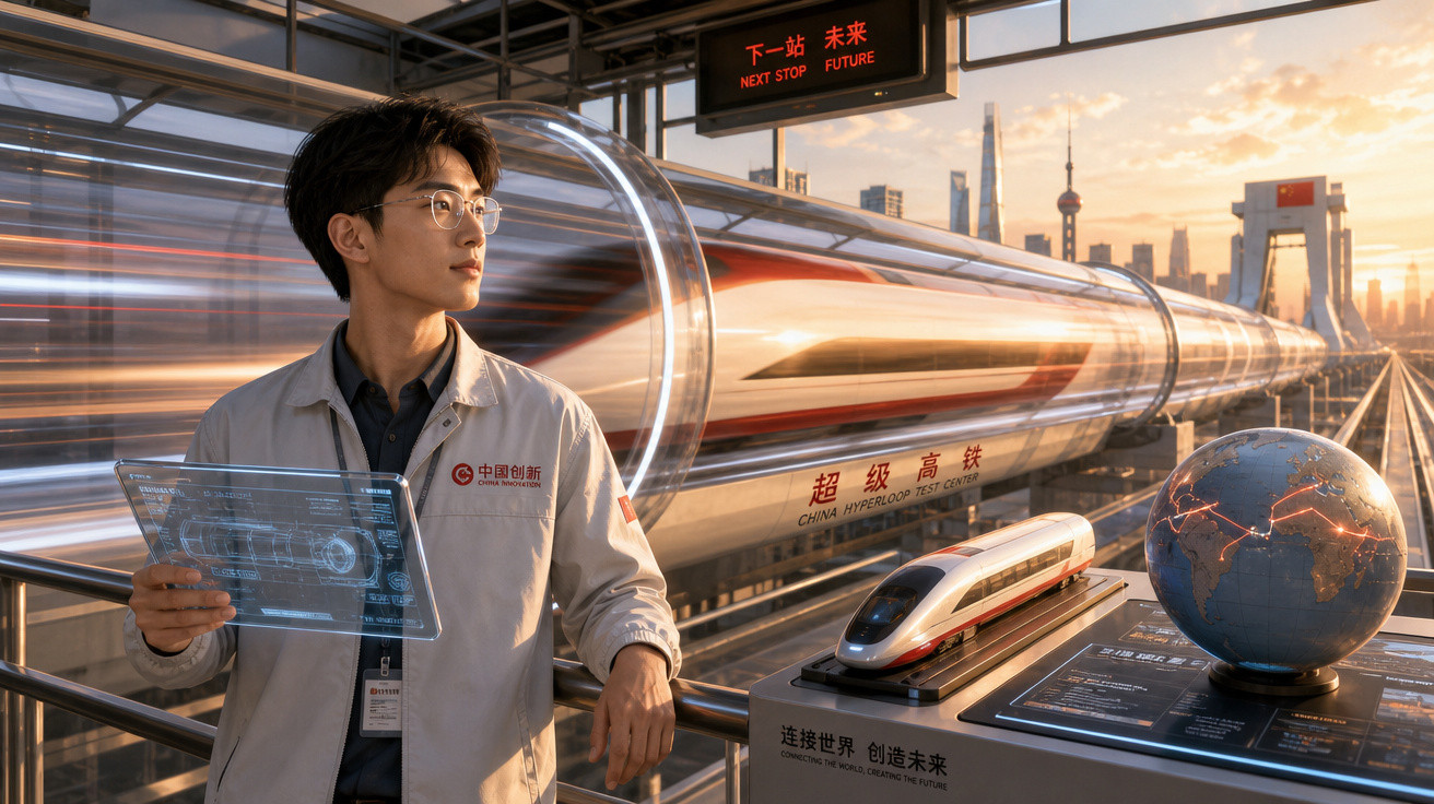 Homem com jaleco observa trem super rápido em estação futurista com maquete e globo ao lado.