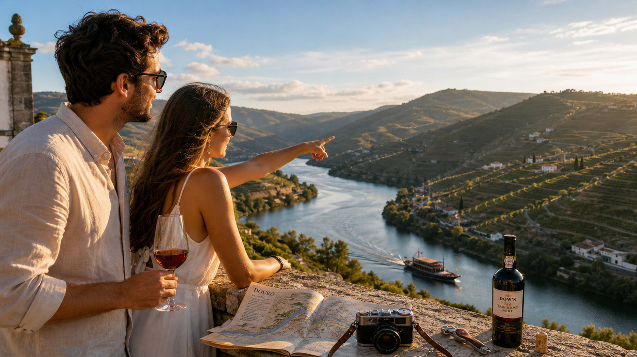 Casal apreciando vinho e paisagem de rio com vinhedos ao pôr do sol, mesa com mapa, camera e garrafa de vinho.