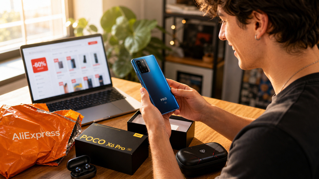 Pessoa segurando smartphone POCO X6 Pro durante unboxing com laptop e embalagem do AliExpress ao fundo.