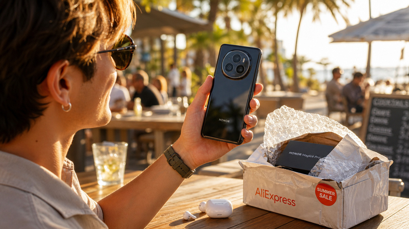 Pessoa segurando smartphone Honor preto ao lado de caixa da AliExpress em ambiente externo com luz do sol.
