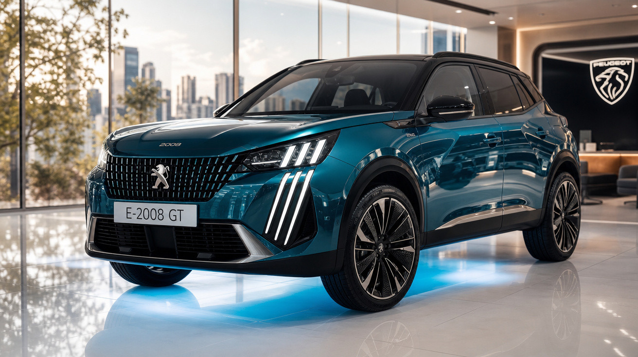 Carro SUV Peugeot E-2008 GT azul em showroom moderno com iluminação ambiente e logo da marca.