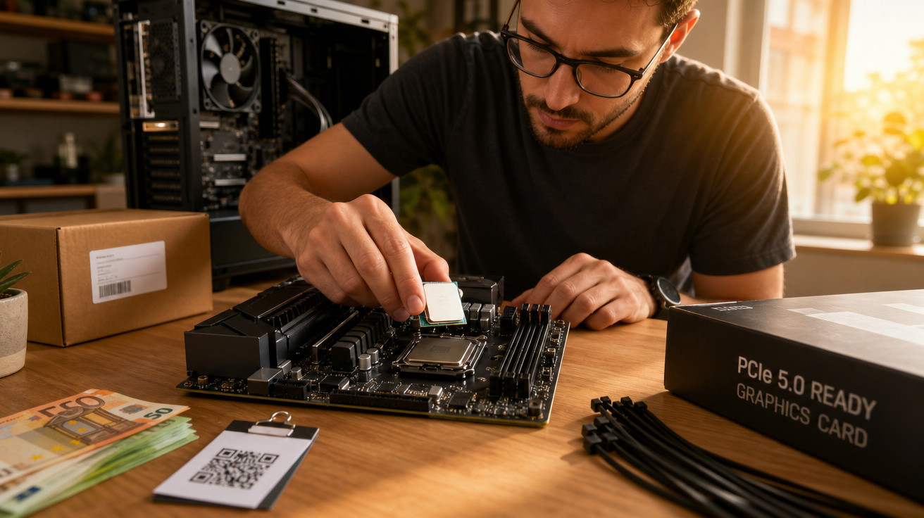 Homem instala processador em placa-mãe no interior de um computador sobre mesa iluminada.