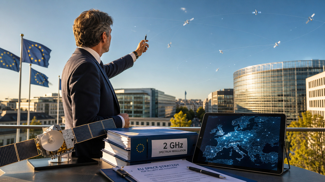 Homem de terno aponta para satélites no céu com prédios e bandeiras da UE ao fundo ao pôr do sol.
