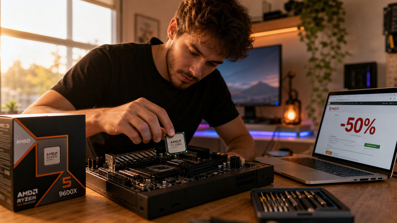 Jovem instala processador AMD Ryzen em placa-mãe com desconto de 50% mostrado no notebook ao lado.