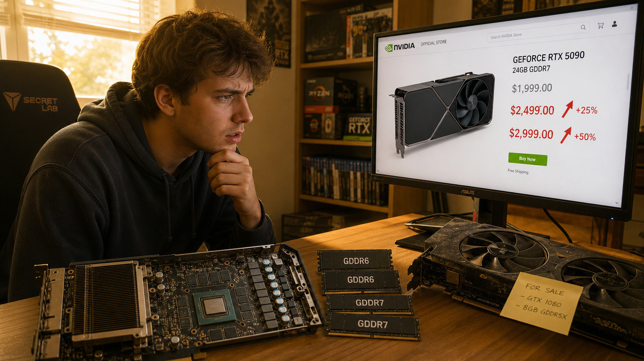 Jovem analisa preços e peças de placas de vídeo em mesa, computador mostra oferta da GEFORCE RTX 5090.