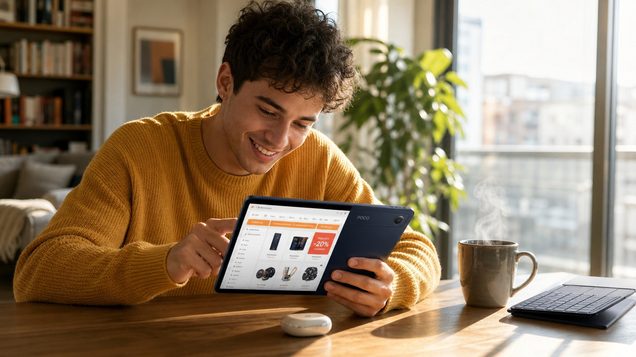 Homem sorridente usando tablet para compras online em ambiente iluminado com xícara de café ao lado.