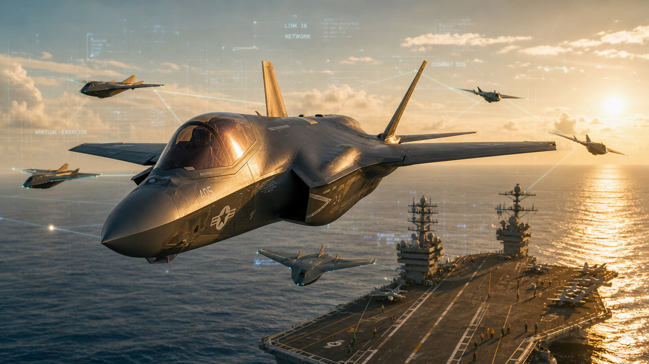 Caça furtivo F-35 voando em formação sobre porta-aviões no mar durante pôr do sol.