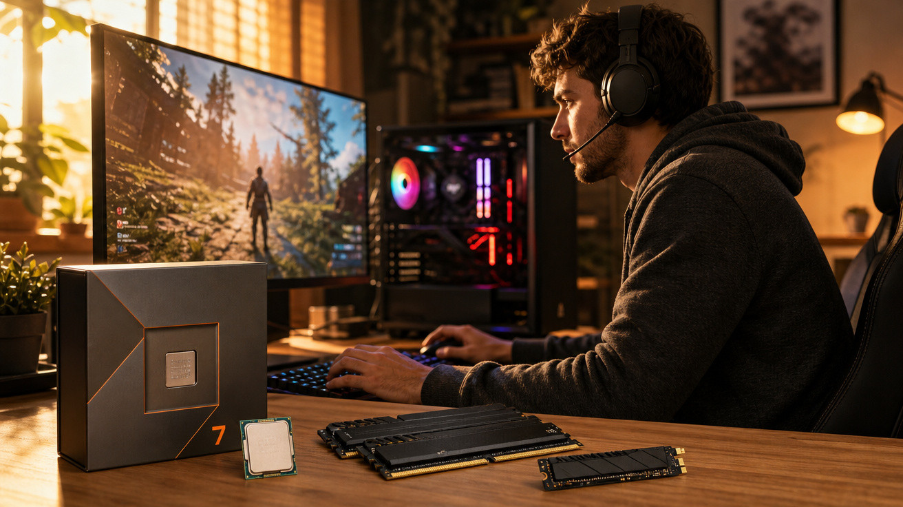 Jovem usando headset joga videogame em computador com peças de hardware no escritório iluminado pelo sol.